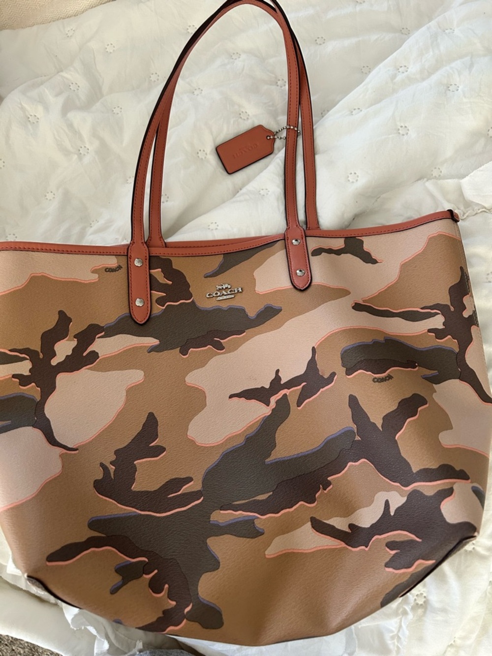 Coach Brown and Pink Camo Leather Tote